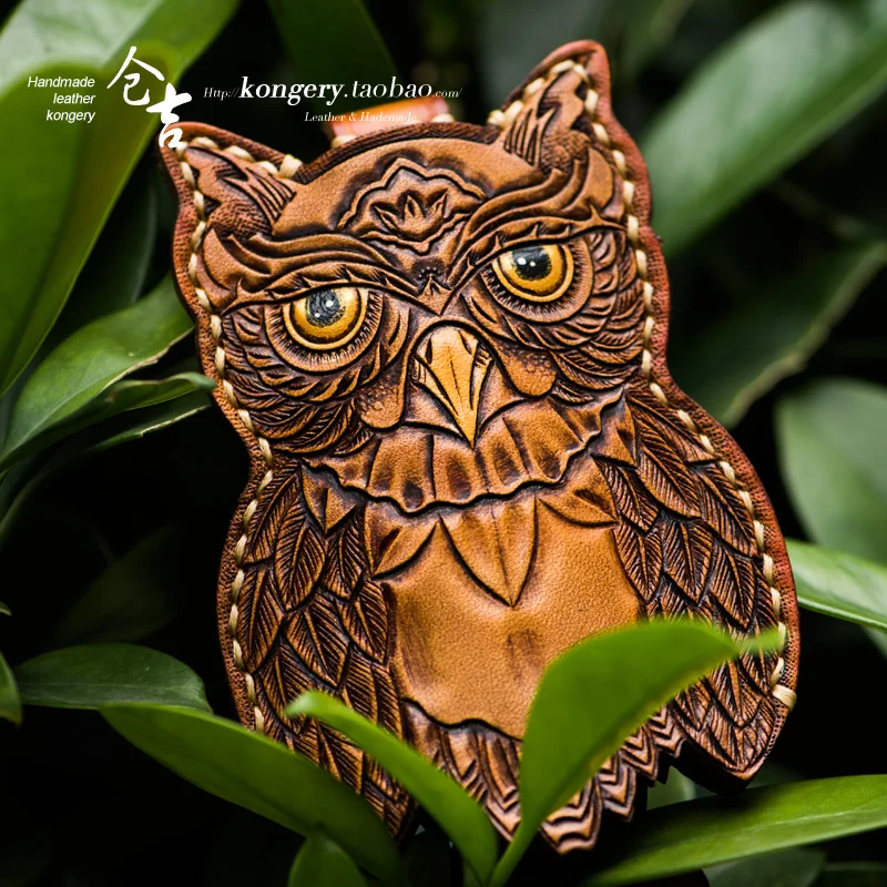 

★key bag men's and women's leather carving car key bag genuine leather retro Chinese style owl key bag practical