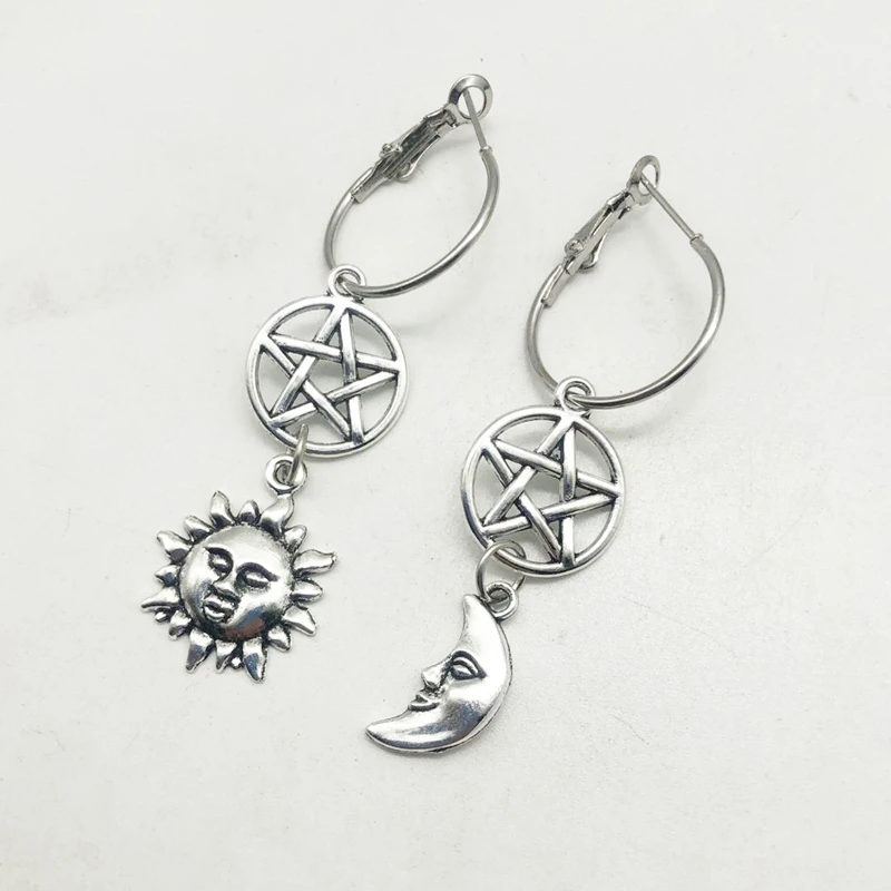 Five-pointed star sun and moon earrings, asymmetric earring hoop, celestial earrings, gifts for women