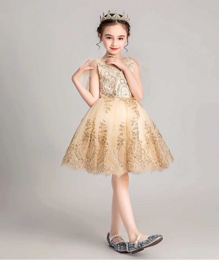 Golden Sequins Tulle Children\'s Princess  V-neck Wedding Dress Flower Girl Evening Dress Baby Girl  Pageant First Communion Gown