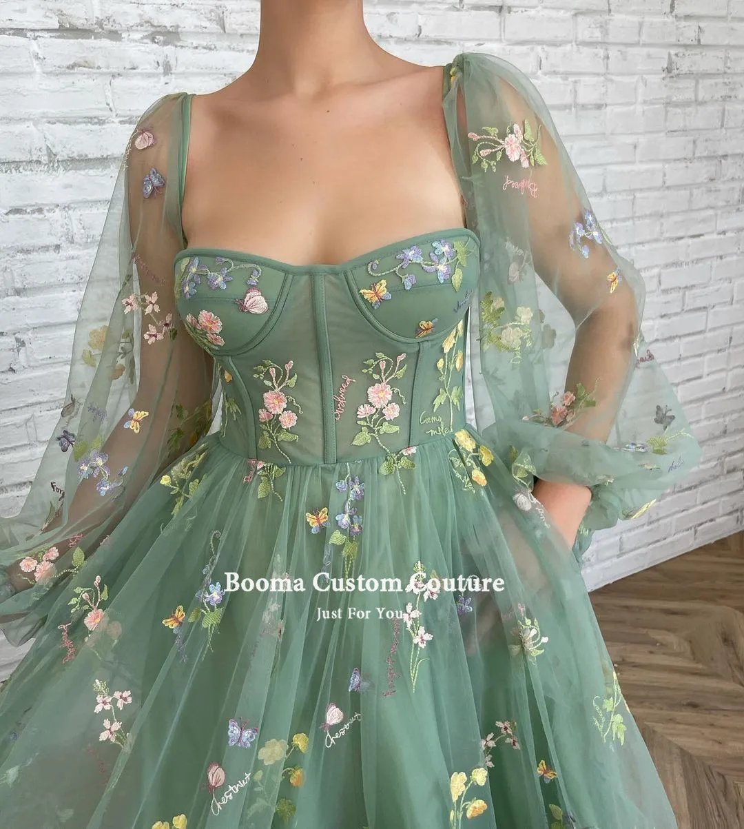 Booma Green Embroidery Lace Prom Dresses Long Sleeves Ankle-Length A-Line Wedding Party Gowns Open Back Tulle Formal Dresses