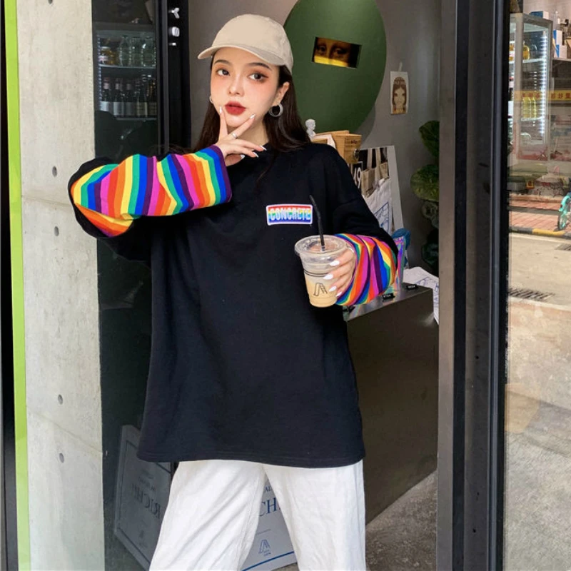 Long Sleeve Shirts Women Rainbow Striped Patch Designs Long-style Korean Leisure Hip-hop Fashion Female T-shirt Teens Preppy New