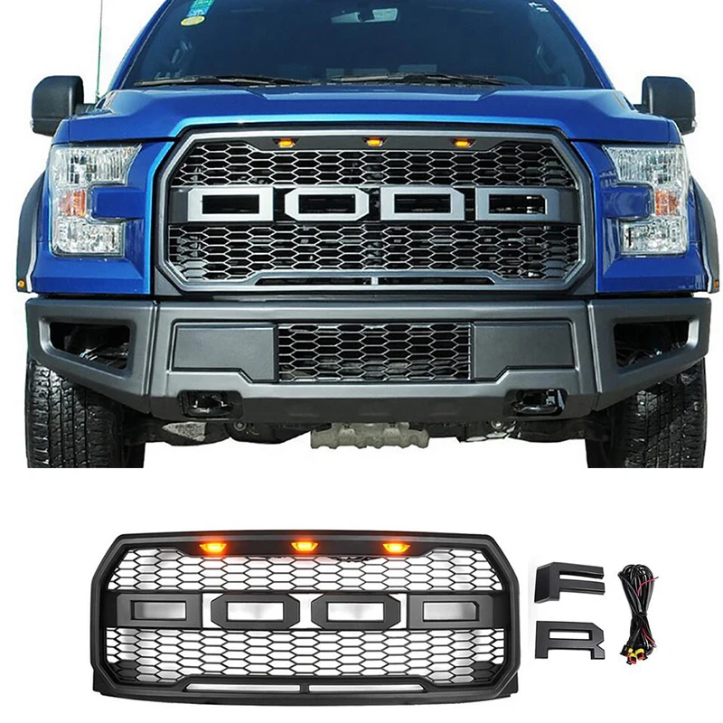 Front Racing Grill for Ford F-150 Car Bumper Mesh Grids Matt Black With LED Amber Lights 2009-2017 Raptor Style