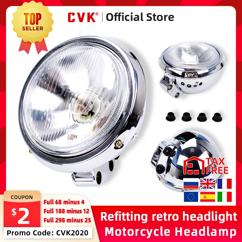 CVK Motorcycle Universal DC 12V Headlight Headlamp For Harley 883 HONDA Steed VLX 400 Shadow 600 Magna 250 Chrome Running Light