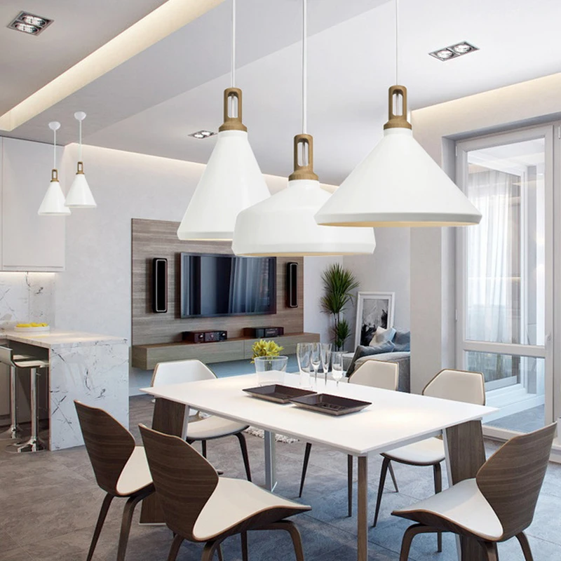 Tối Giản E27 Mặt Dây Chuyền-Đèn Loft-Đèn Gỗ Nhôm Chụp Đèn Thanh Cafe Nhà Hàng Màu Đen Mờ Trắng Treo-Đèn LED đèn