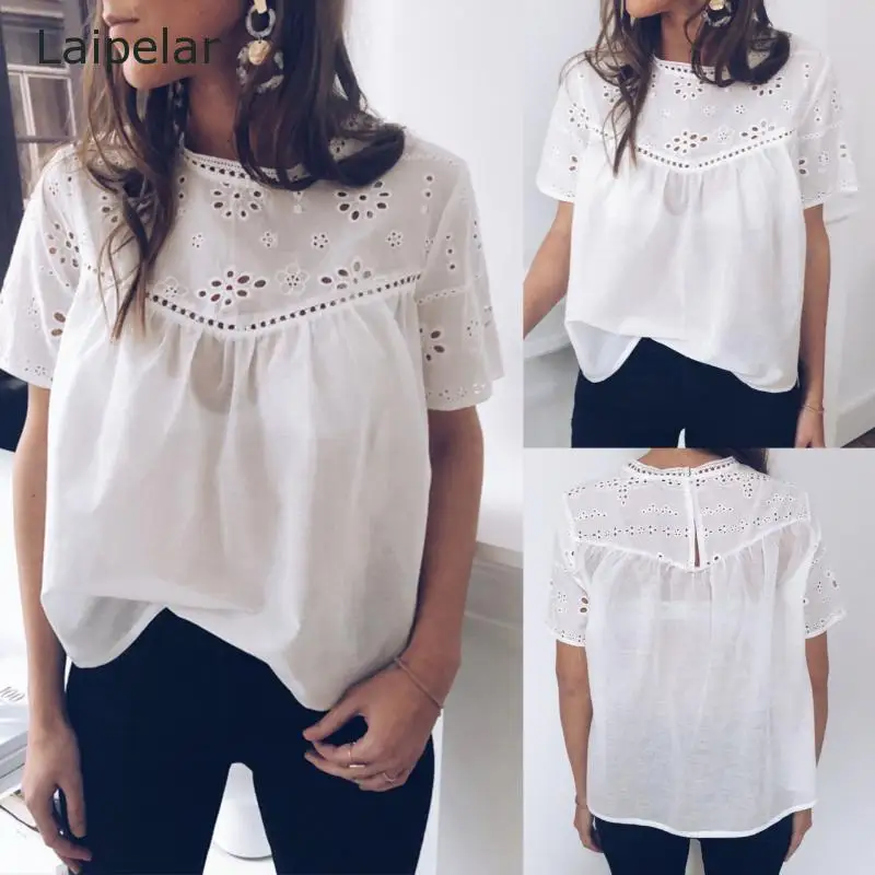 Elegante Witte Vrouwen Tops En Blouse Zomer Ruches Korte Mouwen Office Vrouwen Blosue Casual Hollow Out Dames Shirts Blusas