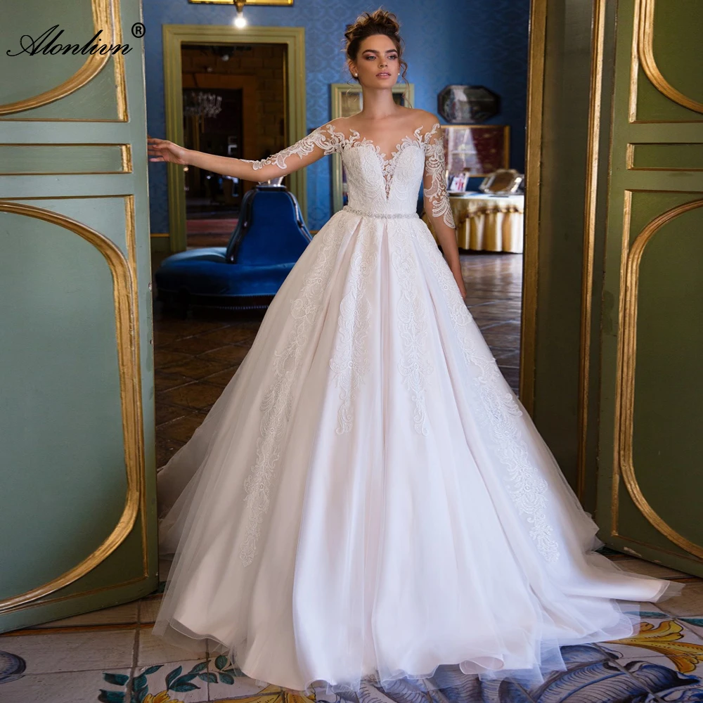 

Alonlivn Elegant Silky Organza Sweetheart A-Line Wedding Dresses Half Sleeves Beading Sash Off Shoulder Bride Dresses