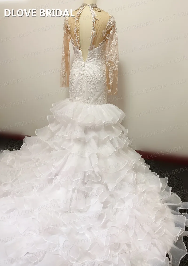 Manik-manik Kristal Tinggi Leher Pernikahan Gaun Mermaid Ruffles Gaun Pengantin dengan Lengan Panjang