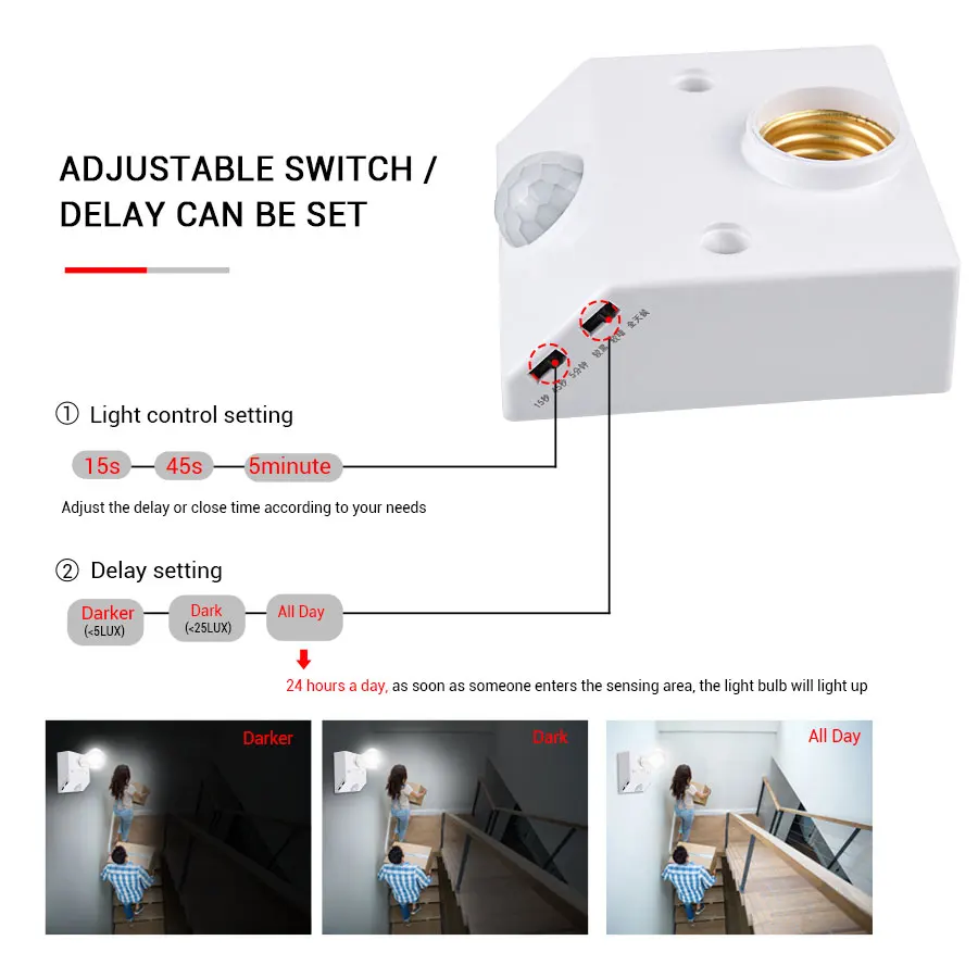 LED E27 portalampada tappo a vite presa con interruttore sensore di movimento PIR E27 presa lampadina Edison AC 90V-265V