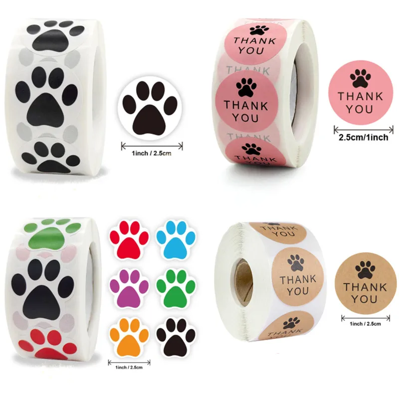 Natural Kraft Paper Thank You Stickers Seal Labes Dog Paw Print 1Inch Gift Packaging Stationery Sticker 500 Labels Per Roll