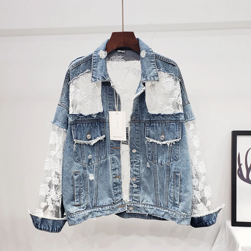 Lace Embroidery Denim Jacket Women Fashion Hollow out Spliced Jeans Jacket Female Streetwear Loose Washed Jeans Coat 2020 New