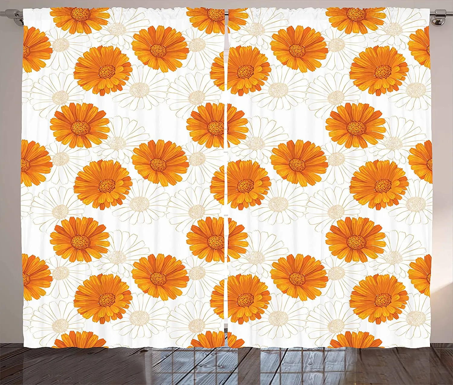 Burnt Orange Blackout Curtains Blooming Calendula Flowers Watercolor Botany Themed Composition Window Curtain