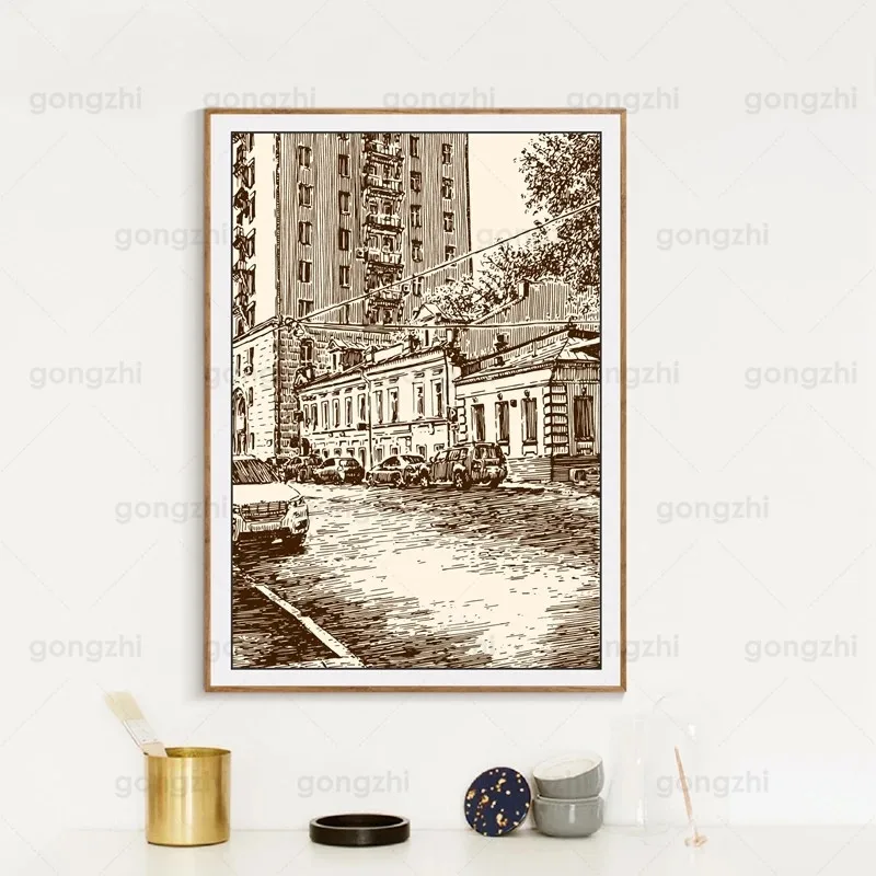 Brown Sketch Russian City Street Landscape Painting Winter Sense Living Room Cafe Hotel Travel Agency Wall Decor Printing Poster