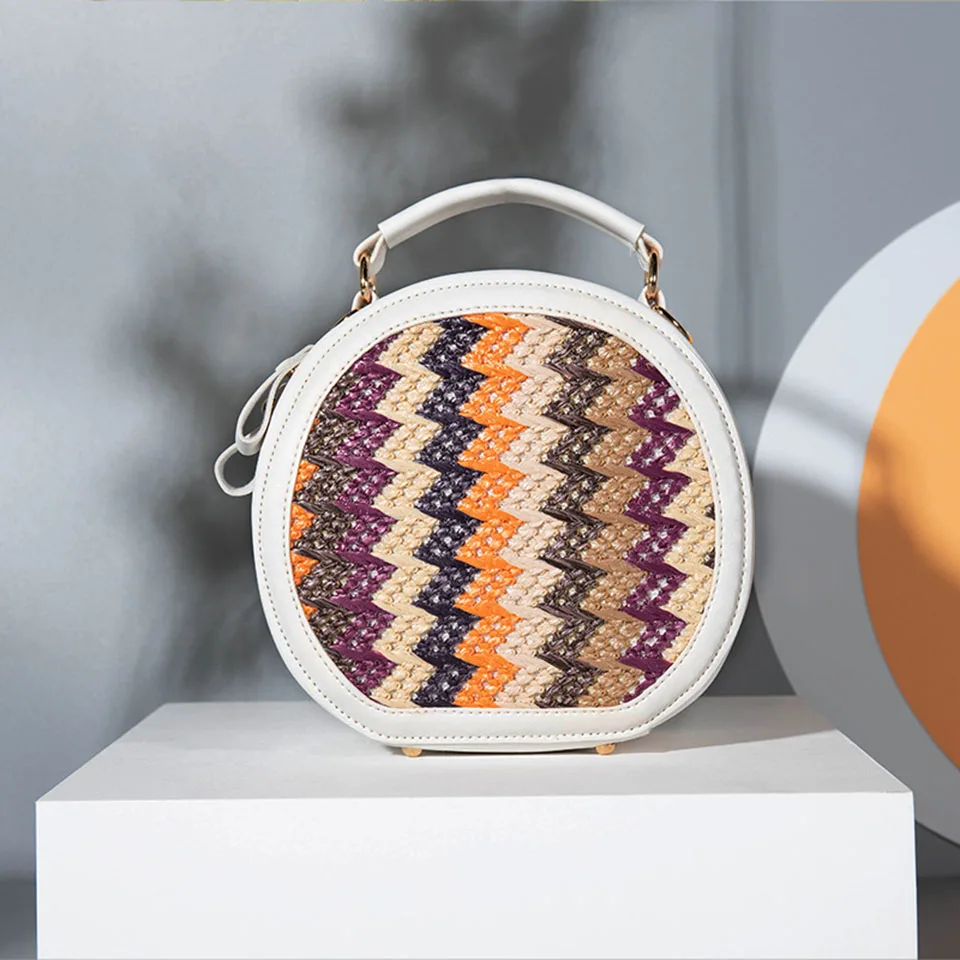 Summer Woven Patchwork Circular Straw Shoulder Bag Fashion Knitting Stripe Round Crossbody Bags For Women Leather Messenger Bag