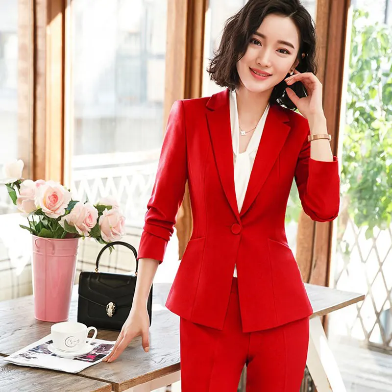 

IZICFLY New Spring Autumn Red Formal Trouser With Blazer Set Uniform Designs For Women Office Elegant Business Pant Suits