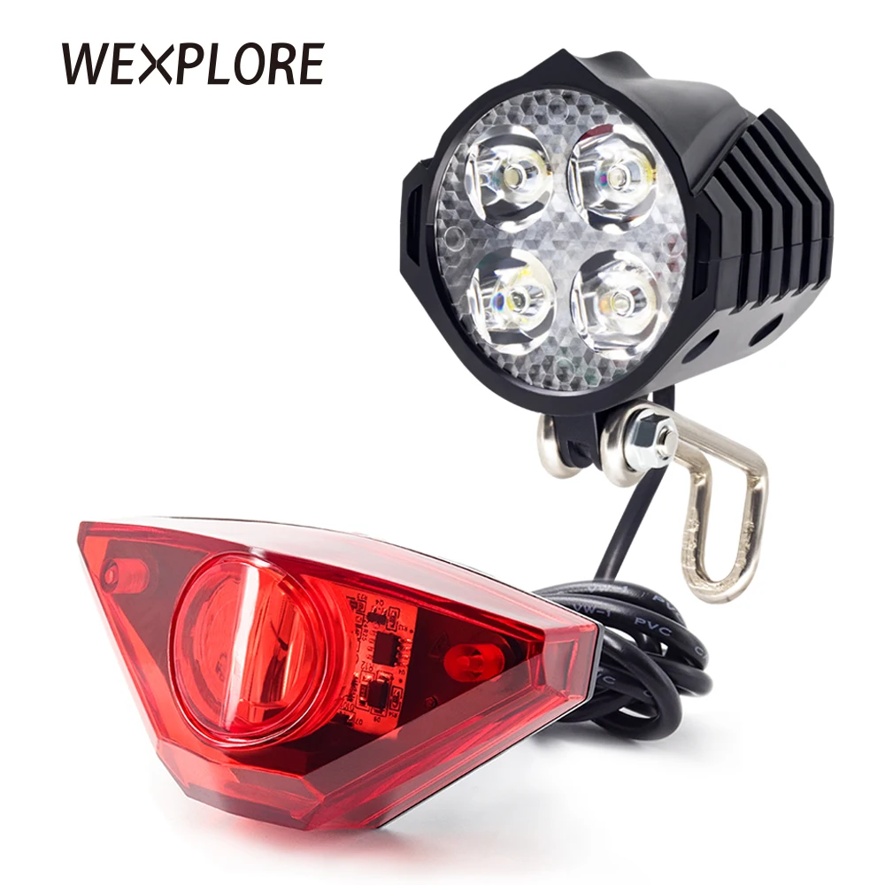 WEXPLORE Electric Bike Headlight Rear Light Kit Input 12V 24V 36V 48V 60V Built-in Speaker Ebike Front Light and Taillight Set