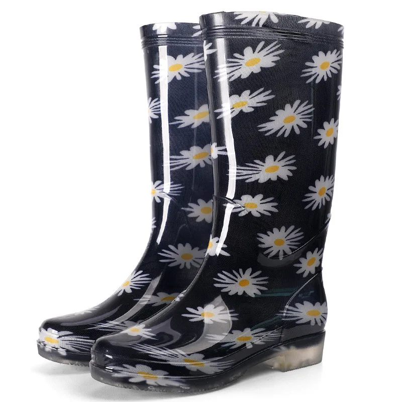 Golden Flowe Pvc Water Shoes High Women Tall Rain Boots Thick Heel 2021 Casual Shoes Female Waterproof Rain Boots for Rain