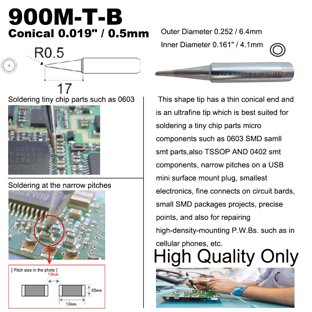 Soldering Tip 900M-T-B Conical 0.5mm Fit Hakko 936 907 Milwaukee M12SI-0 Radio Shack 64-053 Yihua 936 X-Tronics 3020 Iron Bit