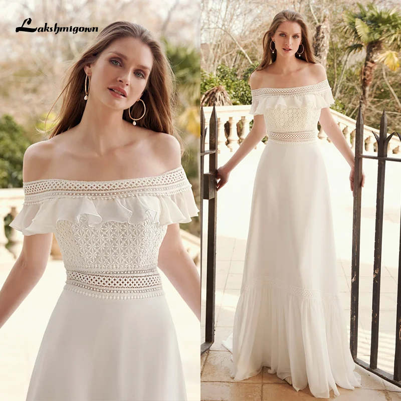 Lakshmigown – robe de mariée élégante en mousseline de soie, épaules dénudées, dentelle, balayage avec traîne, ligne A, style Boho, 2021