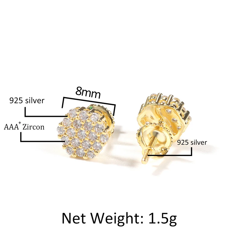 1Pair S925 Sterling Silver Hip Hop CZ Stone Paved Bling Ice Out Geometric Hexagon Stud Earrings for Women Men Unisex Jewelry