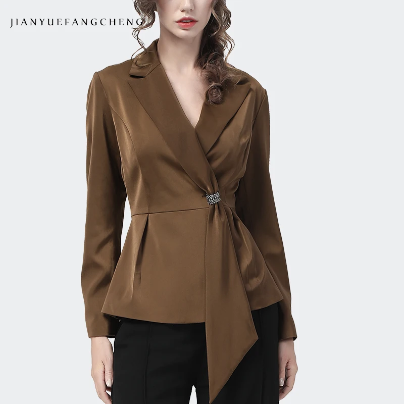 Fashion Suit Collar Flowy Womens Brown Satin Shirt Long Sleeve Outwear Ribbon Design Single Button Tunic Top Autumn New Blouses