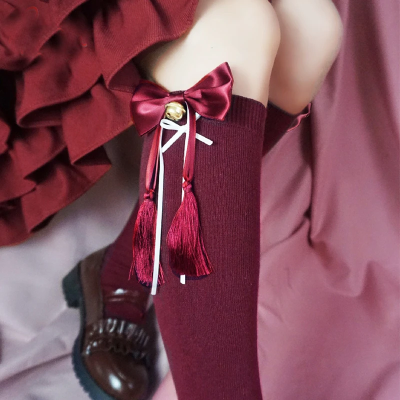 Japanese Lolita Kawaii Long Socks Girls Tight High New Year Cute Fashion Christmas Red Knitted Anime Cosplay Womens Stockings