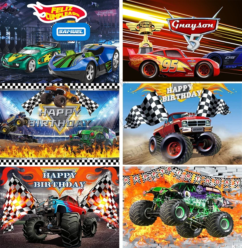 Fondo personalizado de coche de carreras de camión de rueda caliente, fiesta de cumpleaños de dibujos animados, pancarta de retrato de niño, Fondo de fotografía para decoración de bebé