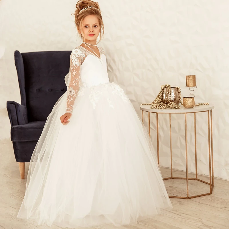 Eightree White Lace Flower Girls Dress For Wedding Party Beading Girls First Holy Communion Dresses Girls Special Occasion Dress