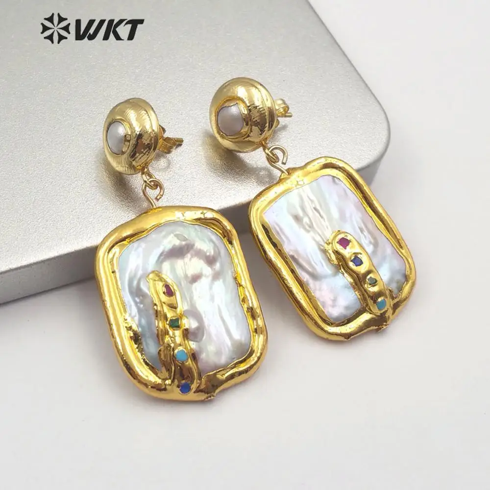 WT-E574 WKT Natural Pearl And Color Beads Rectangle Shape Gold Electroplated Earrings Women Fashion Pearl Earrings Jewelry