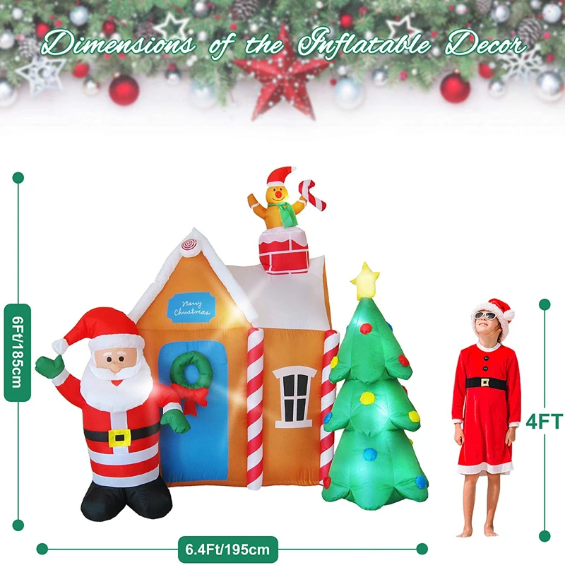 6 Ft Christmas Inflatable Santa\'s House with Christmas Tree & Gingerbread Man LED Blow Up Yard Decorations Christmas Party Toys