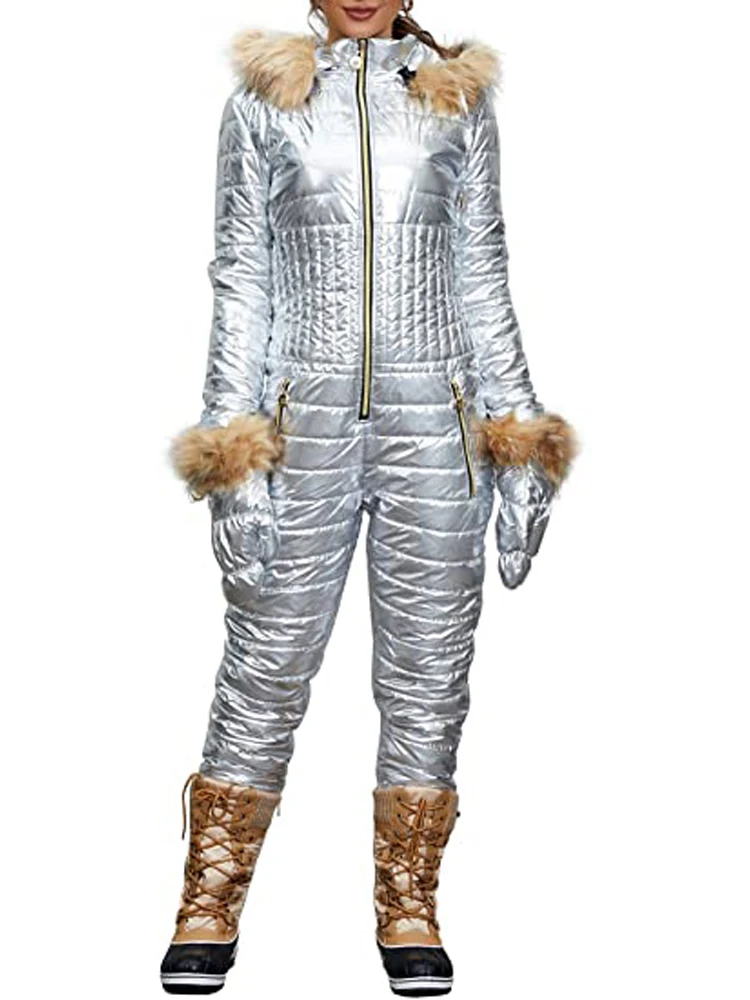 Ski Jumpsuit Women Fur Hooded Winter Coat Skiing Outerwear Warm Cotton Padded High Waist One Piece Snowsuit Zip Up Quilted Parka