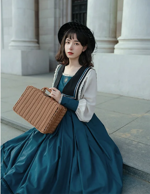 Medieval vintage süße lolita kleid falbala drehen-unten kragen stickerei laterne hülse viktorianischen kleid kawaii mädchen gothic lolita