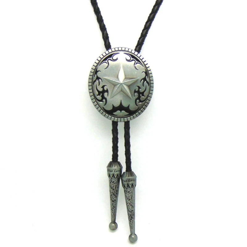 

Antique Brass Silver Texas Ranger Star Western Cowboy Bolo Tie Handmade Leather Cord Pendant Novelty Necktie Fashion Accessories