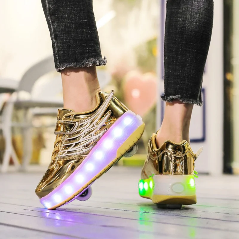 Roller Skate Shoes Children Kids Boys Girls 2 Wheels With Sneakers Sports Fashion Casual Led Lighte Up Wing Boots Roller Skating