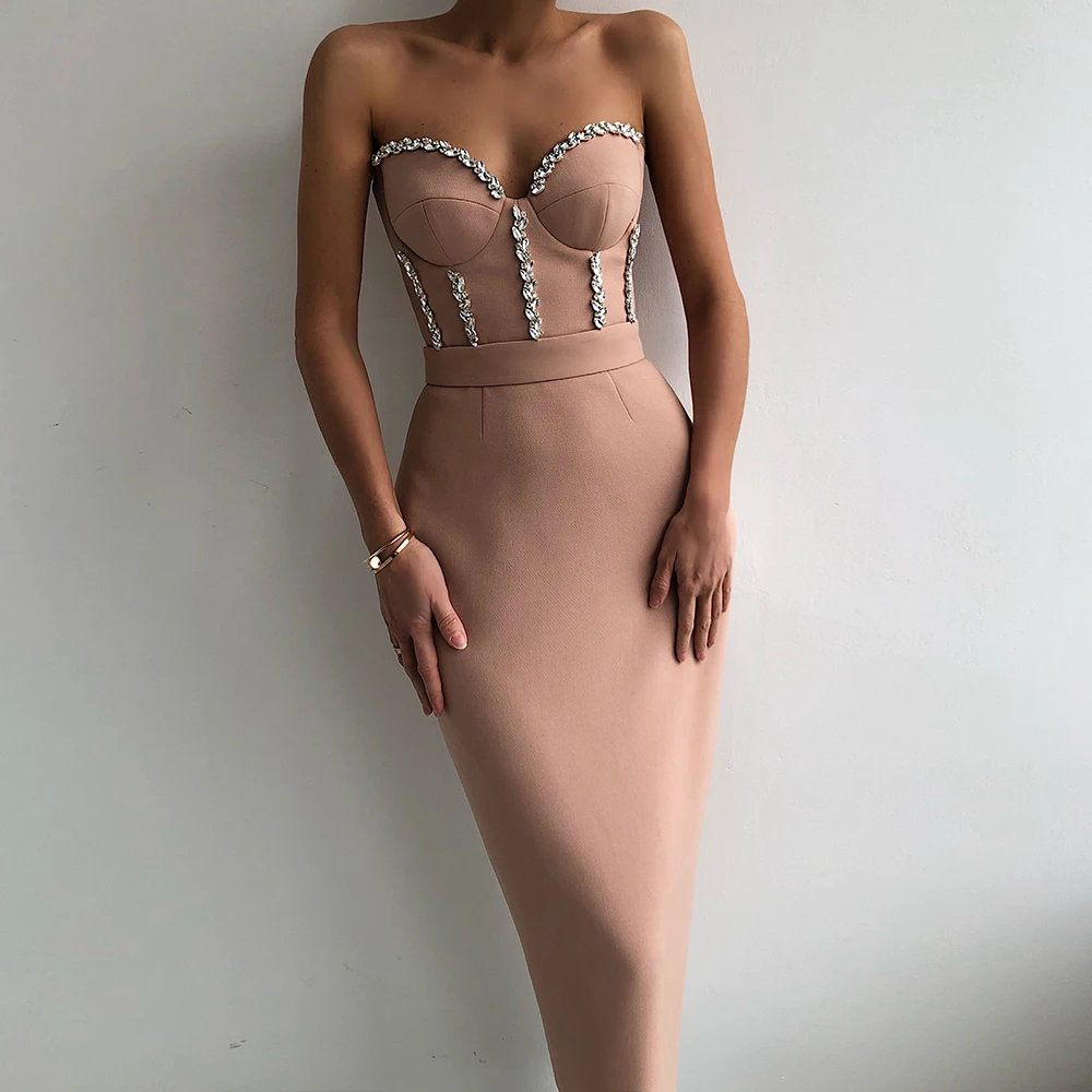 Sexy Strapless Women Dress Bandage Bodycon 2023 New Elegant Beading Party Evening Club Midi Dresses Summer Autumn Clothes