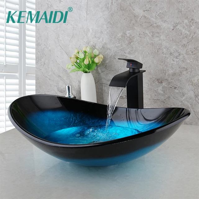 KEMAIDI Tempered Glass Basin Sink Faucet Combo Washbasin Sinks with Black Waterfall Faucets Vessel Sink Above Counter Basin