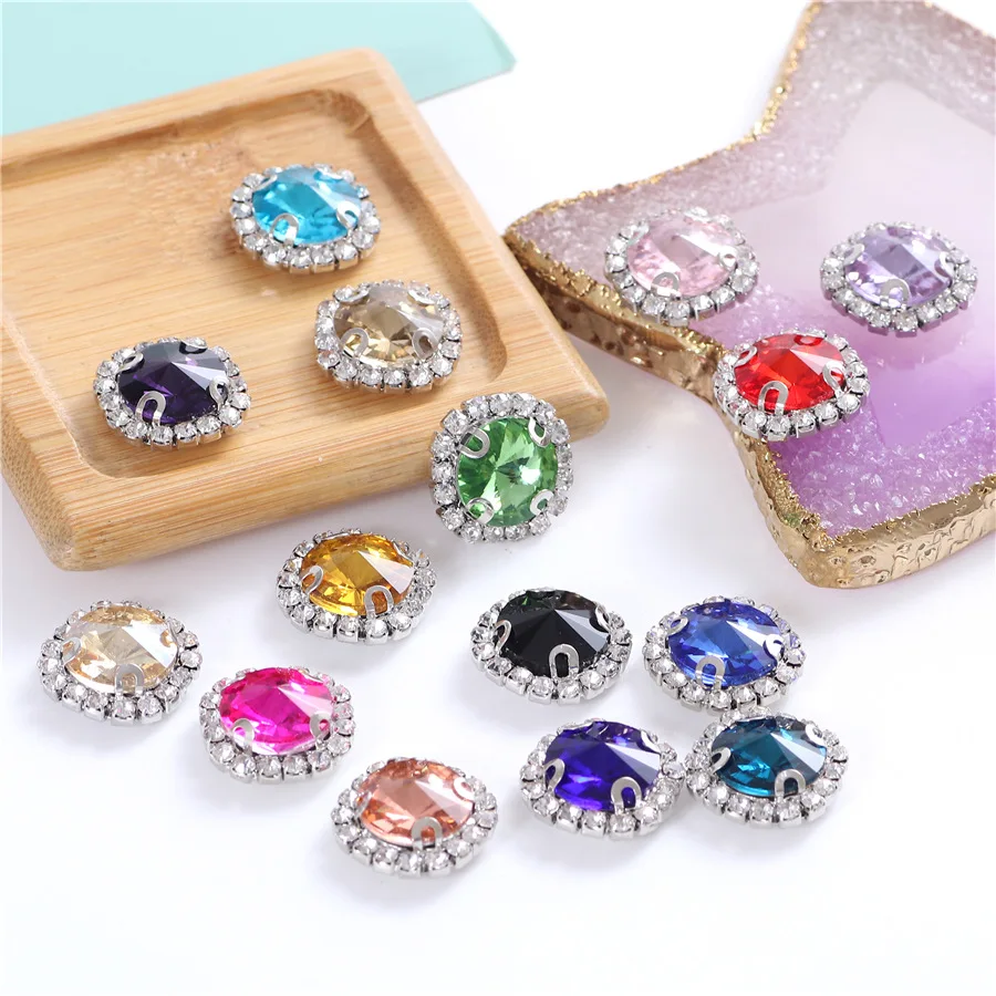 New 10pcs Colorful Round Glass Sew on Rhinestones With Silver Lace Claw Flatback Crystal Sewing Decorations for Clothes