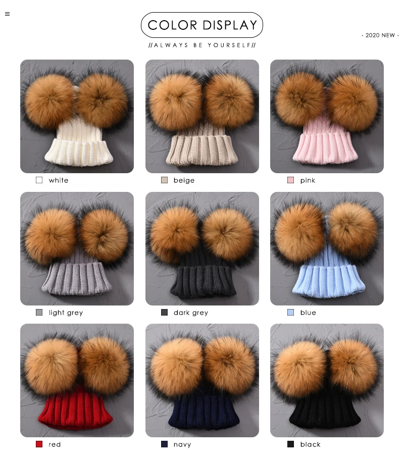 JX Watcher Winter Doppel Echtpelz Pom Pom Hut für Kinder Baby Strick mützen mit zwei Pelz Pompons Jungen Mädchen hochwertige Mütze Mütze – Detail 16