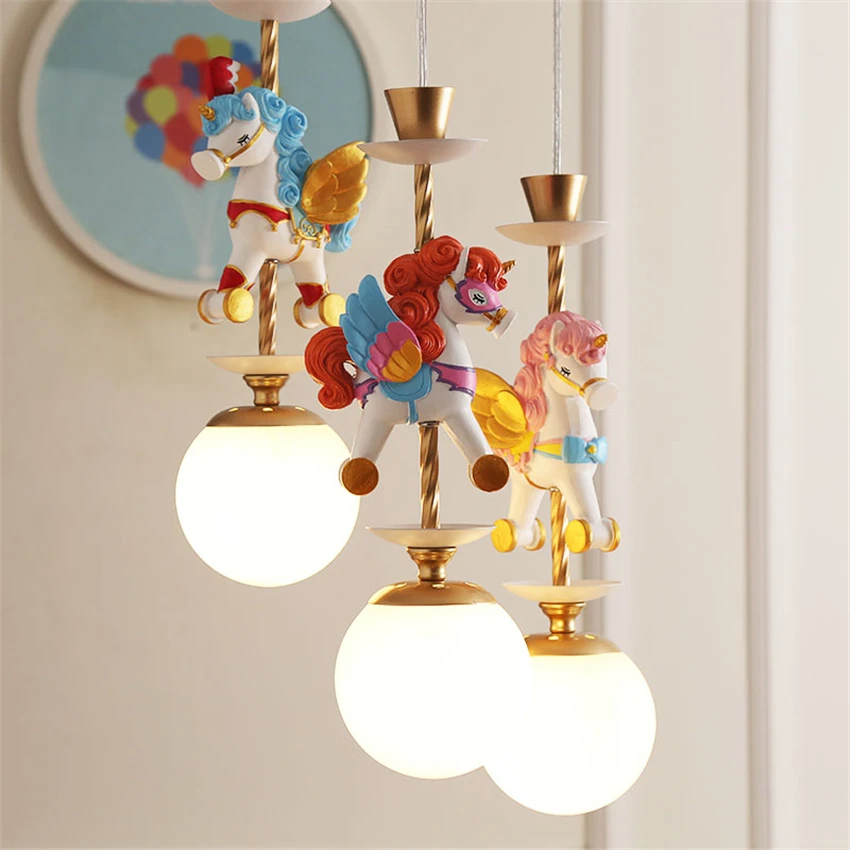 Nordic Pegasus Cartoon Animal Pendant Lights Children's Room Girl American Bedroom Hanging Light Resin Unicorn De Lamps Fixtures