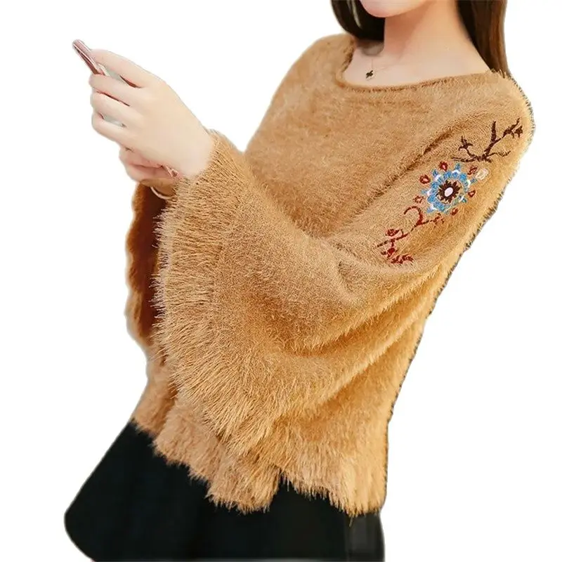 

Autumn Winter New 2021 Imitate Mink Fleece Sweater Female Embroidered Hedging Cloak Shawl Women's Clothing Bat Shirt Sweater