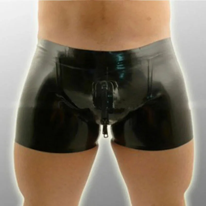 

Black Latex Men Panties Rubber Shorts Boxer with Crotch Zipper Handmade Underwear