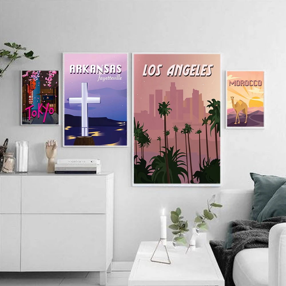 Nordic Vintage Travel Cities Poster Morocco Tokyo Los Angeles Arkansas Landscape Art Canvas Painting Wall Picture Home Decor