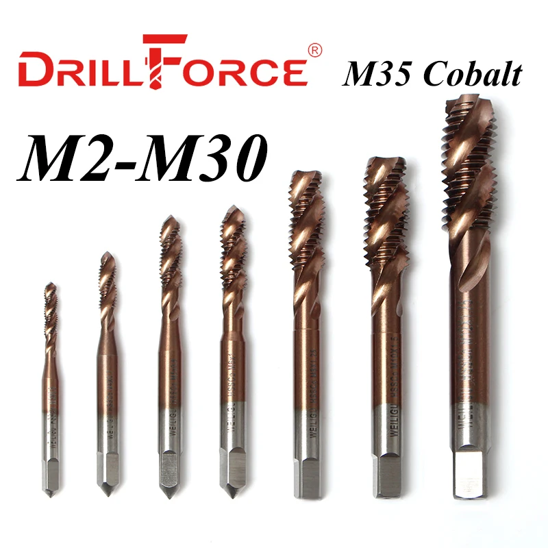 Wiertła do gwintów kobaltowych Drillforce HSSCO M35 Spiral Flute Metric M2-M30 Gwintowniki maszynowe prawe do stali nierdzewnej