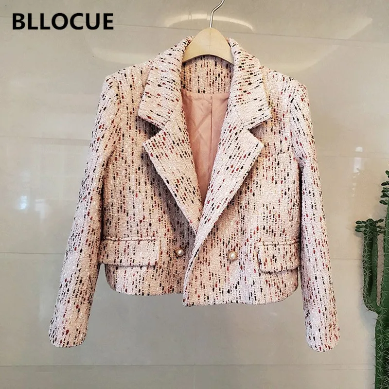 BLLOCUE 2020 Autumn Small Fragrance Wind Pearl Button Long Sleeve Tweed Outerwear Ladies Color Strip Retro Short Suit Jacket