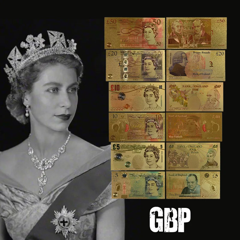 WR United Kingdom Pounds 5 10 20 50 Banknote 24K Gold Plated Elizabeth II GBP Replica Banknote Paper Money Gifts For Collection