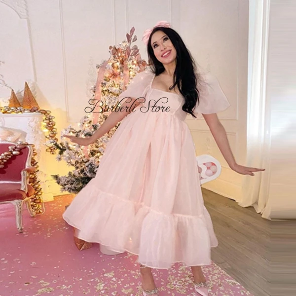 Sweet Princess Peach Pink Tulle Dresses Mid-Calf Women With See Thru Sleeves A-line Short Summer Dress Vestidos Da Donna