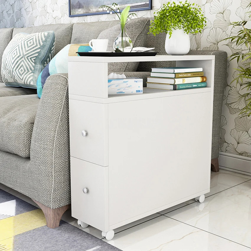 

20cm/25cm Simple Modern Corner Living Room Side Cabinet With 2 Drawer Sofa Side Movable Small Narrow Cabinet Table With 4 Wheel