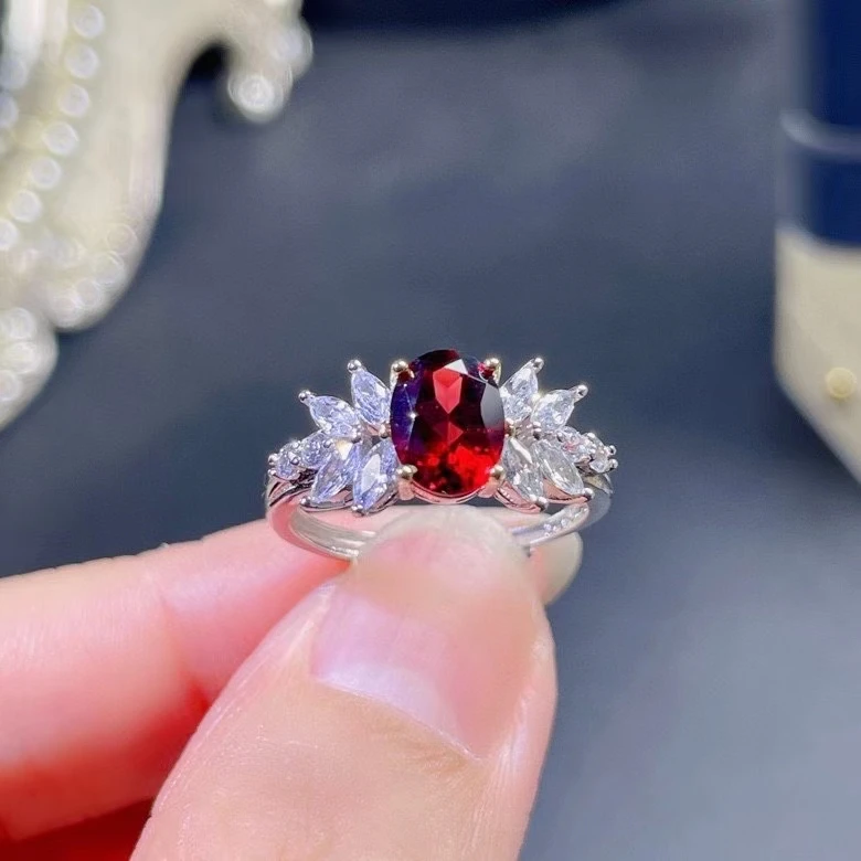 

2021 New Natural Garnet Ring for Women Jewelry Oval Gem Real 925 Silver Girl Party Gift Birthstone