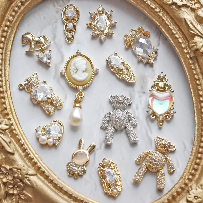 10pcs Heart Bear Rabbit Pendant 3D Alloy Nail Art Zircon Pearl Metal Manicure Nails Accessories DIY Nail Decorations Nail Charms