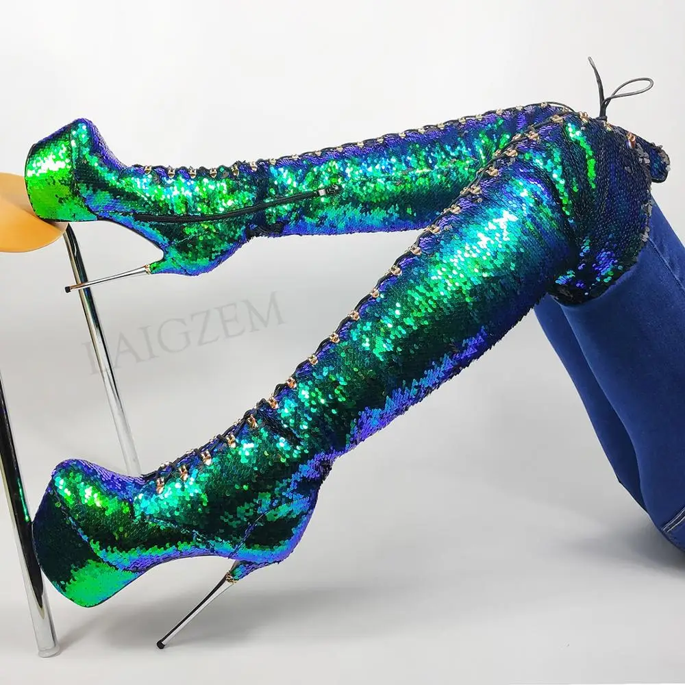 LAIGZEM Women Over Knee High Platform Boots Sequined Stiletto Metal Heels Side Zip Boots Party Club Shoes Woman Size 39 41 42 43