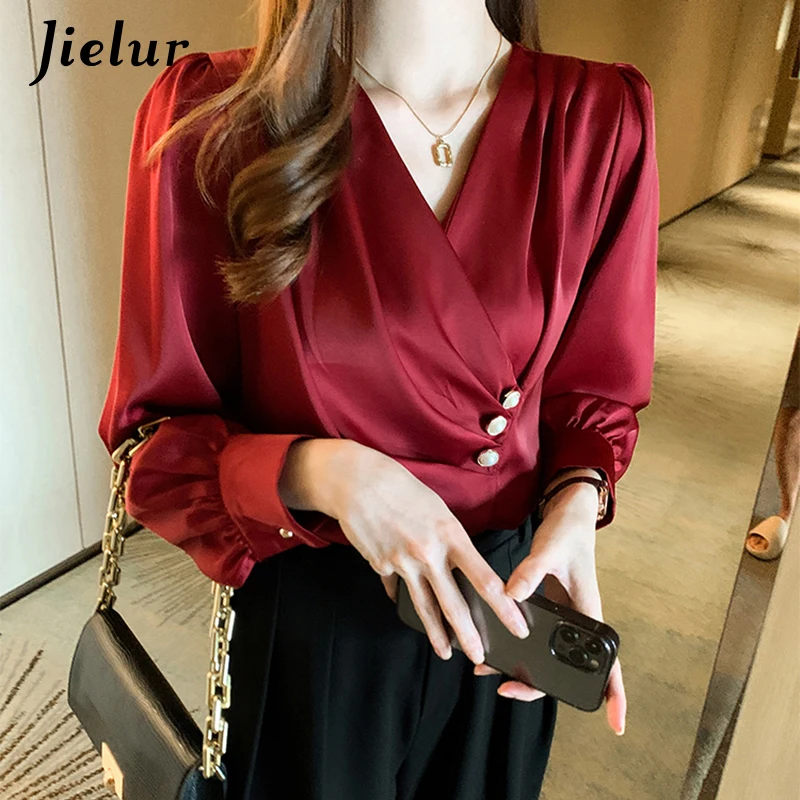 Jielur White Elegant V-neck Long Sleeve Women Shirts Fashion Office Ladies Red Tops Casual Solid Color Buttons Attractive Blouse